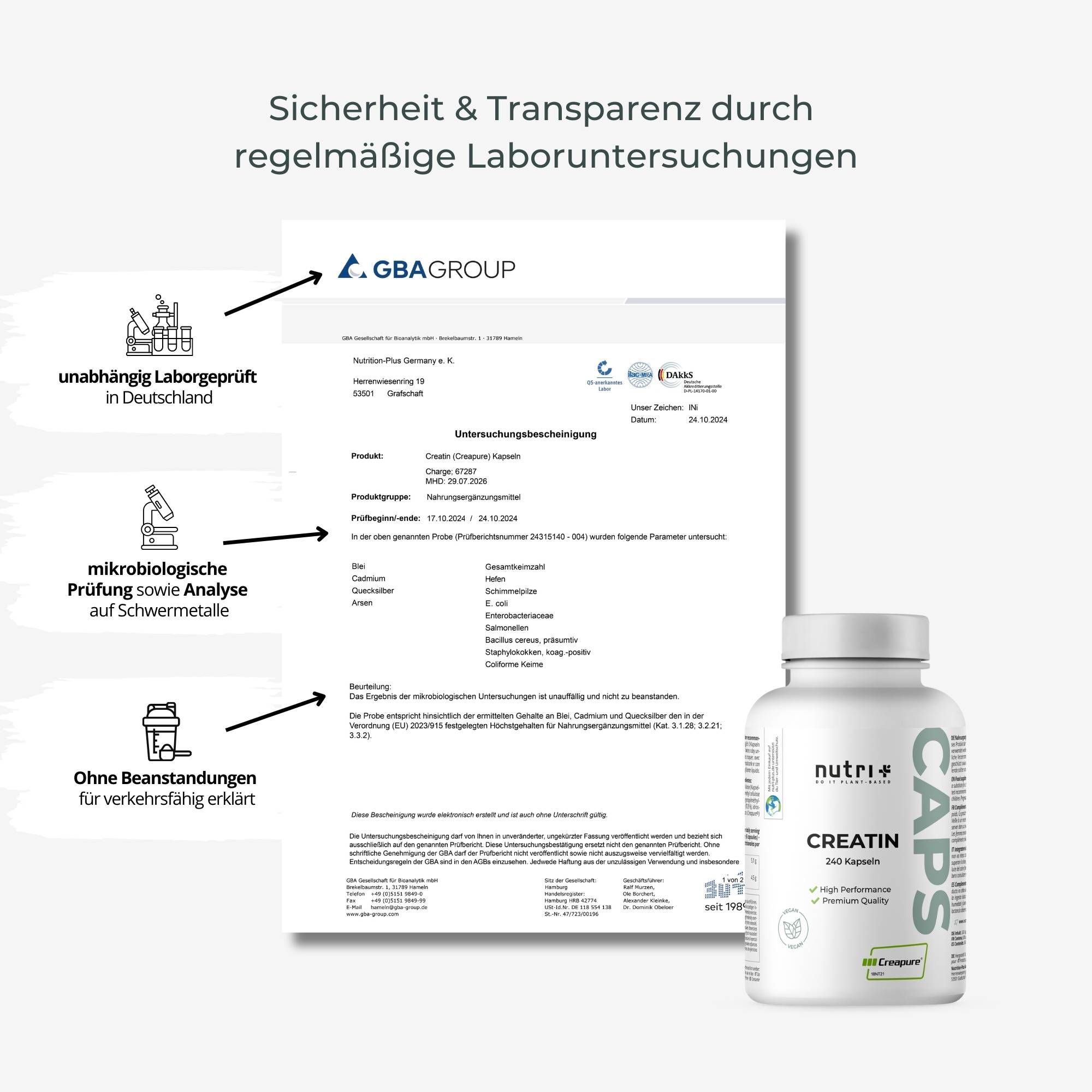 Italienische Infografik: 240 Kapseln, 4,5g Kreatin pro Portion, 2x3 Kapseln täglich, Monohydrat.