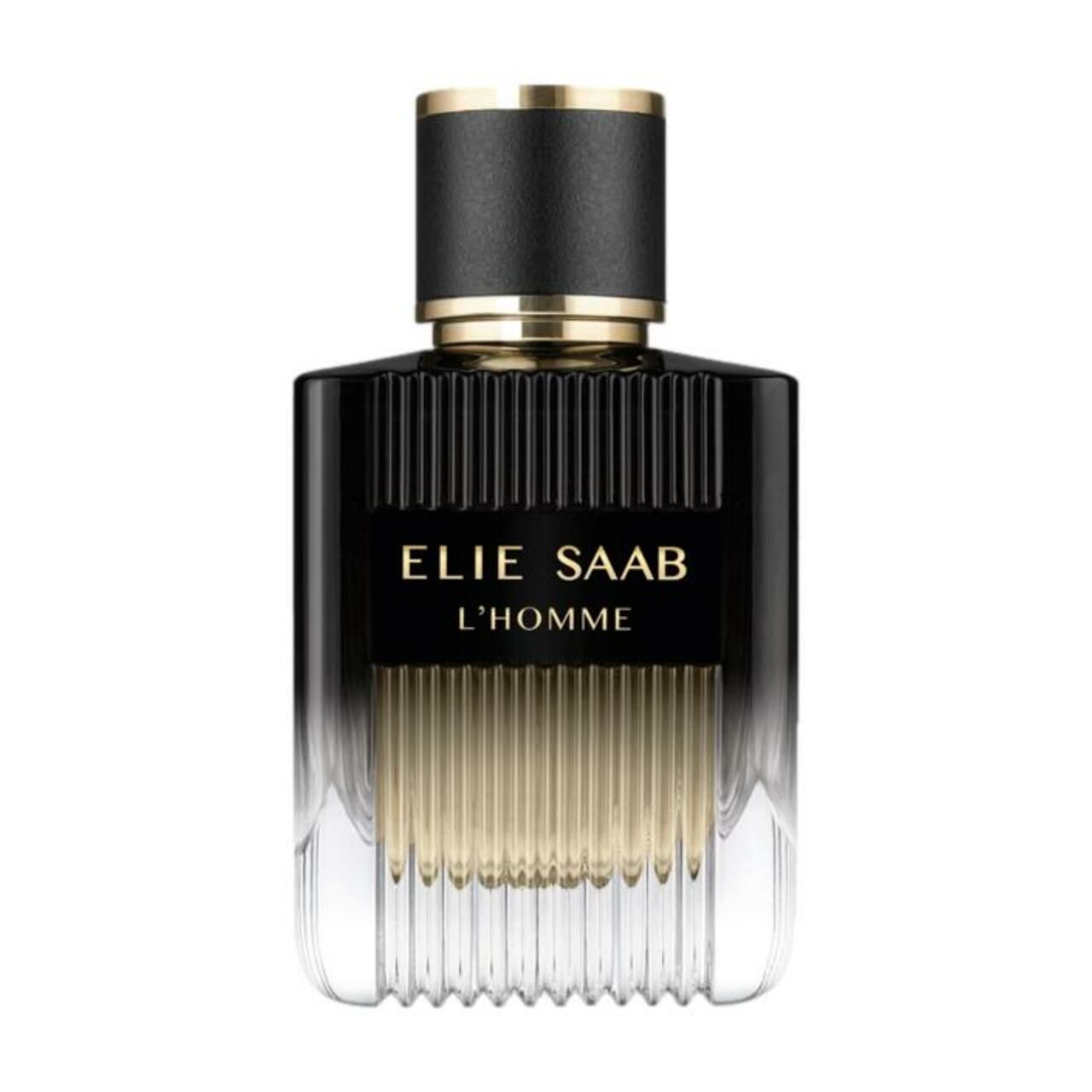 Schwarzer Flakon mit goldfarbenen Akzenten. Aufschrift: ELIE SAAB L'HOMME. Vertikale Linien auf dem Flakon.