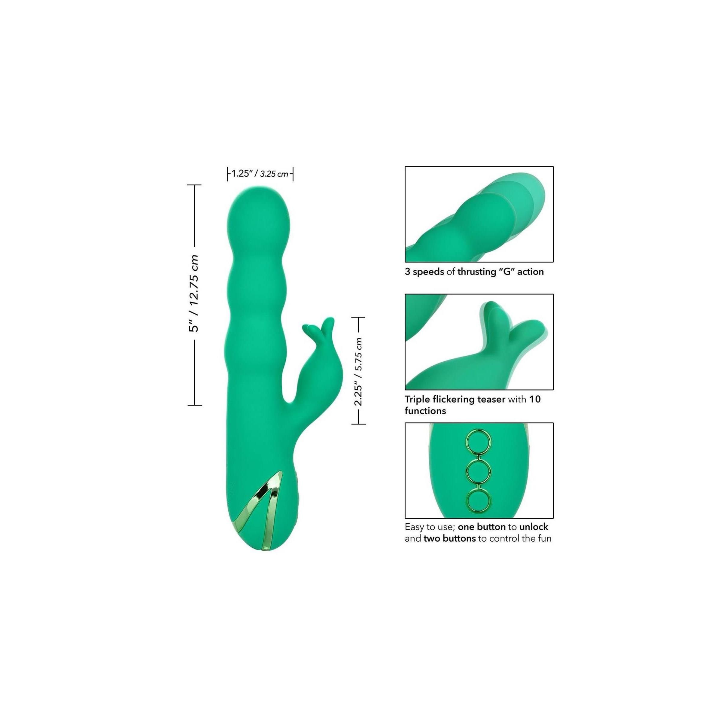 Grünes Wellness-Produkt mit Maßen. Geriffelte Spitze, seitliches Element. Drei Knöpfe. Illustrationen.