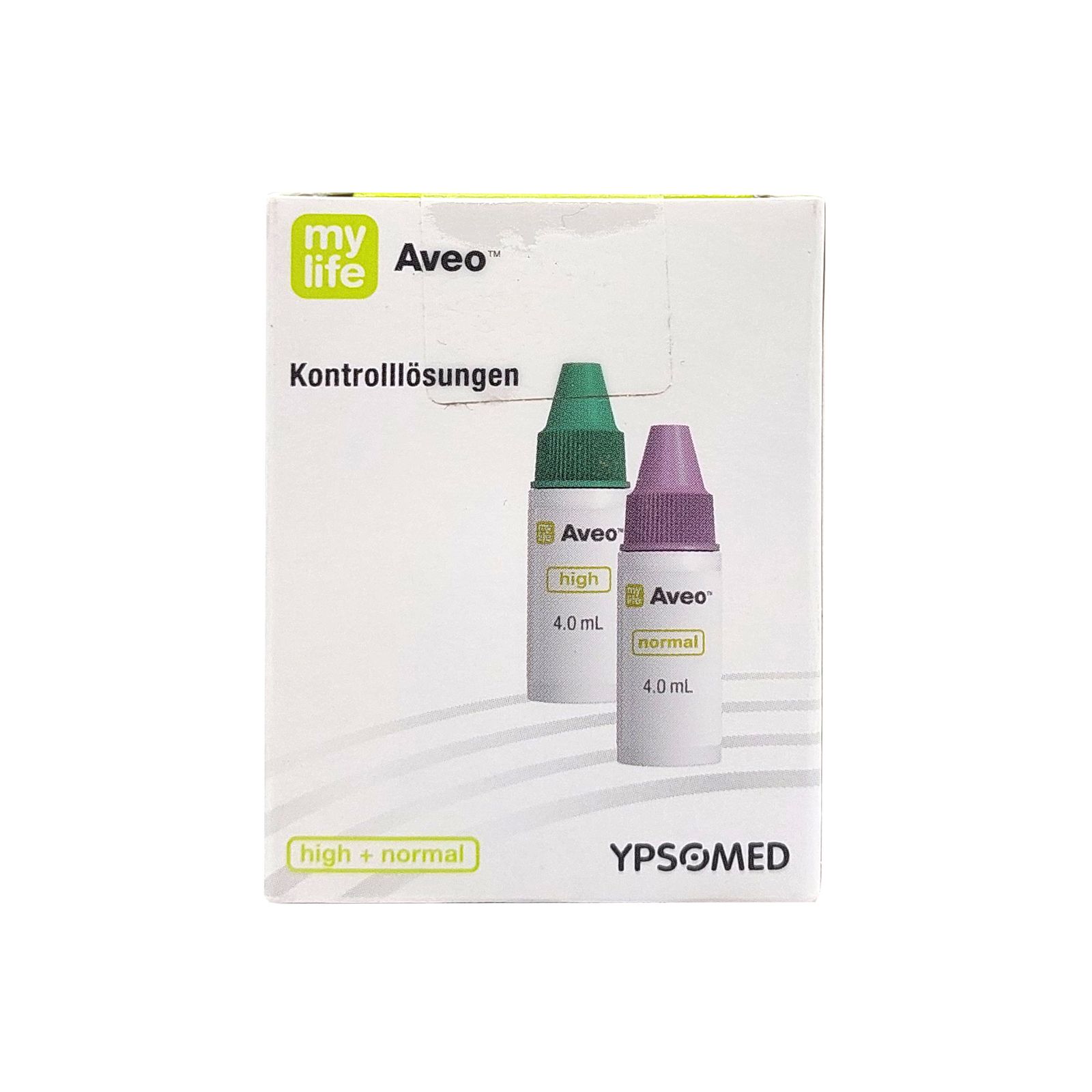 Karton mit zwei Fläschchen. Grün und lila Fläschchen mit Produktbezeichnung und Volumenangabe. Aufschrift: high + normal.