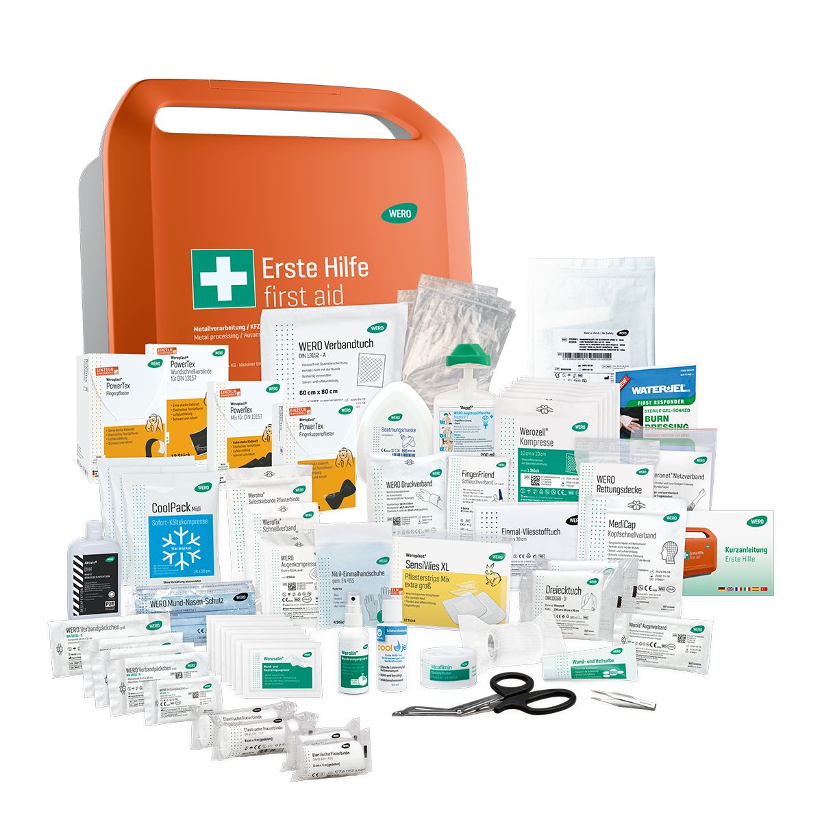 Geöffnete Erste-Hilfe-Koffer mit umfangreichem Inhalt: Verbandsmaterial, Medikamente, Schere, etc.