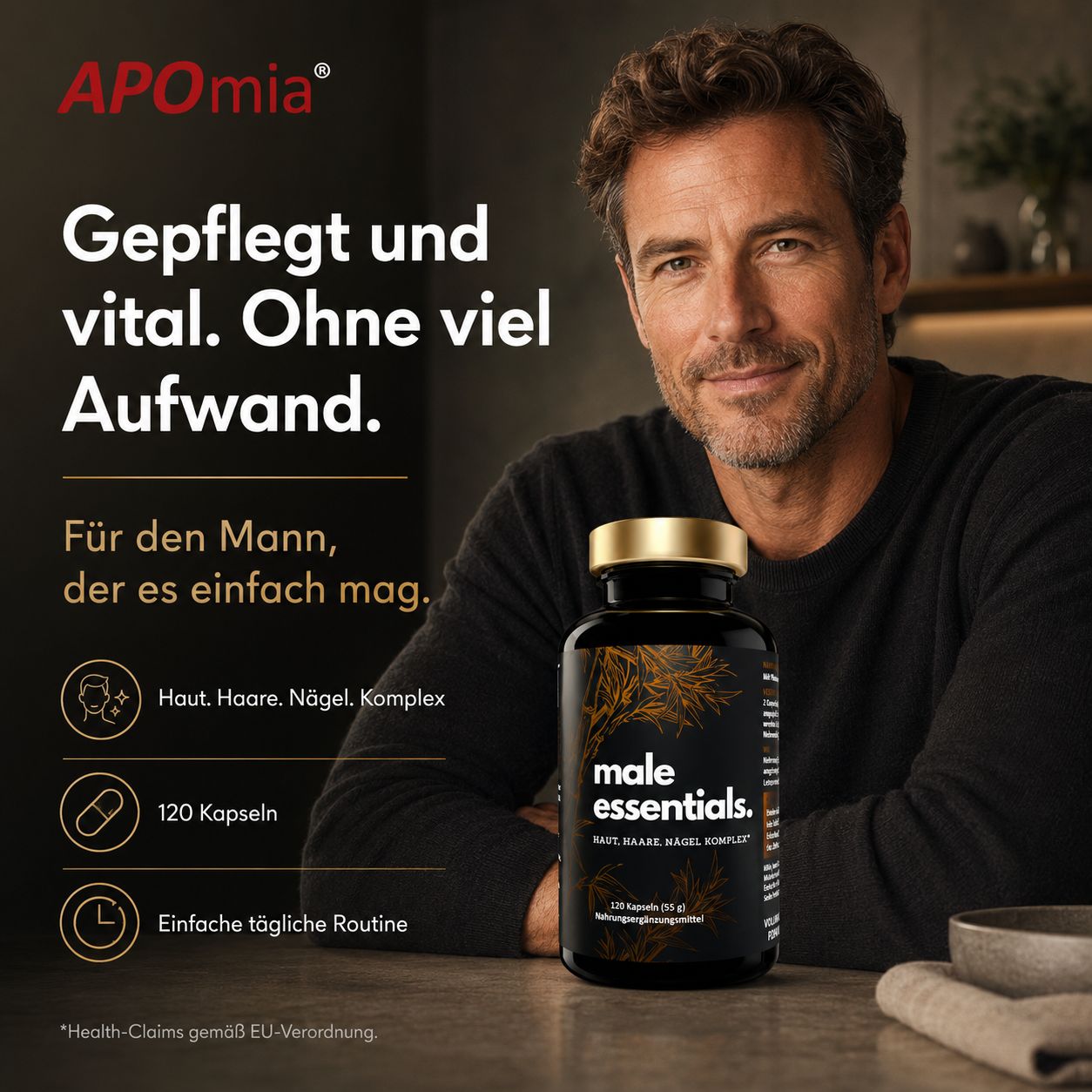 Mann sitzt am Tisch, daneben Flasche Male Essentials und Text über Pflege.
