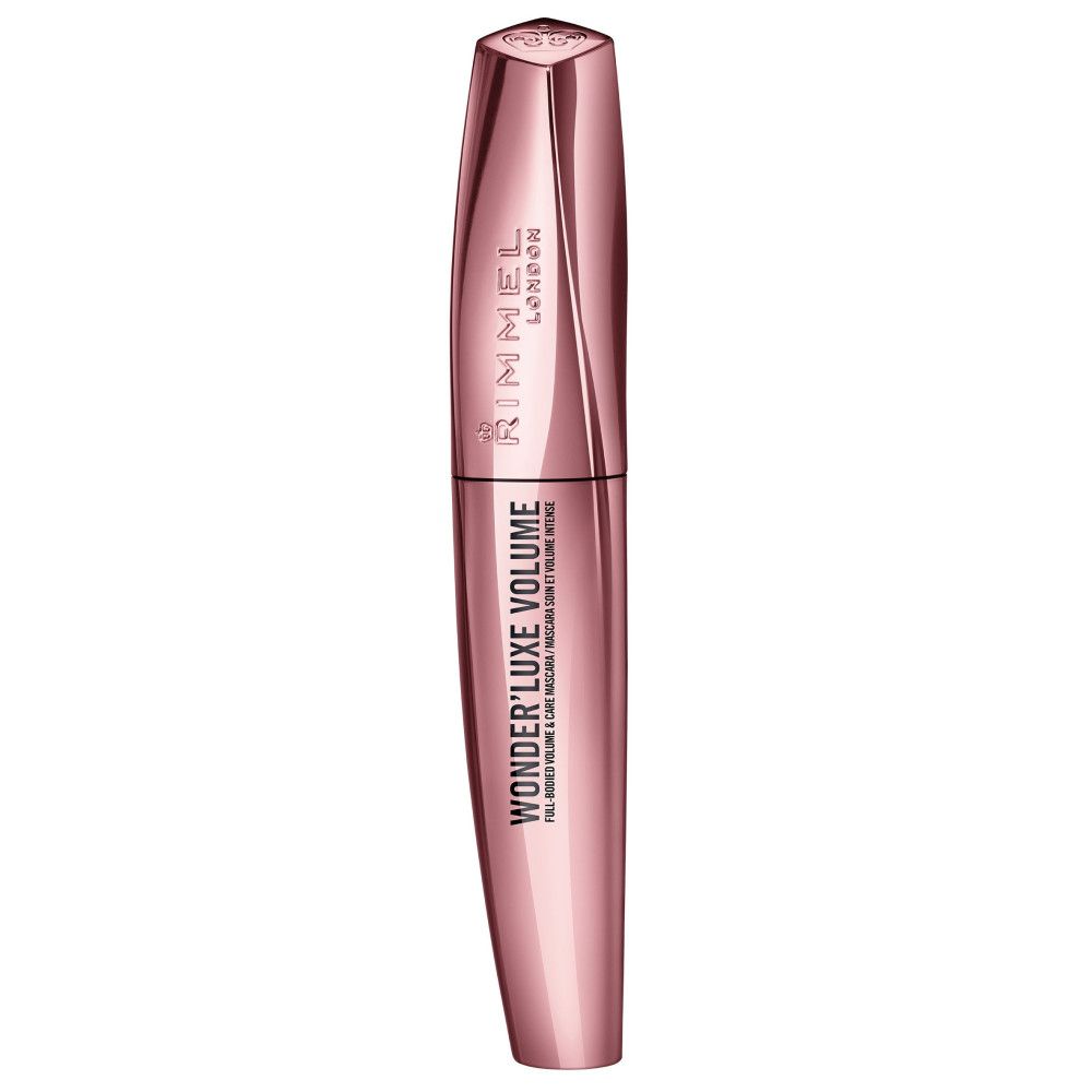 Rimmel London Wonder'Luxe Volume Mascara. Rosa-farbene Hülse, schwarze Bürste. Geschlossen.