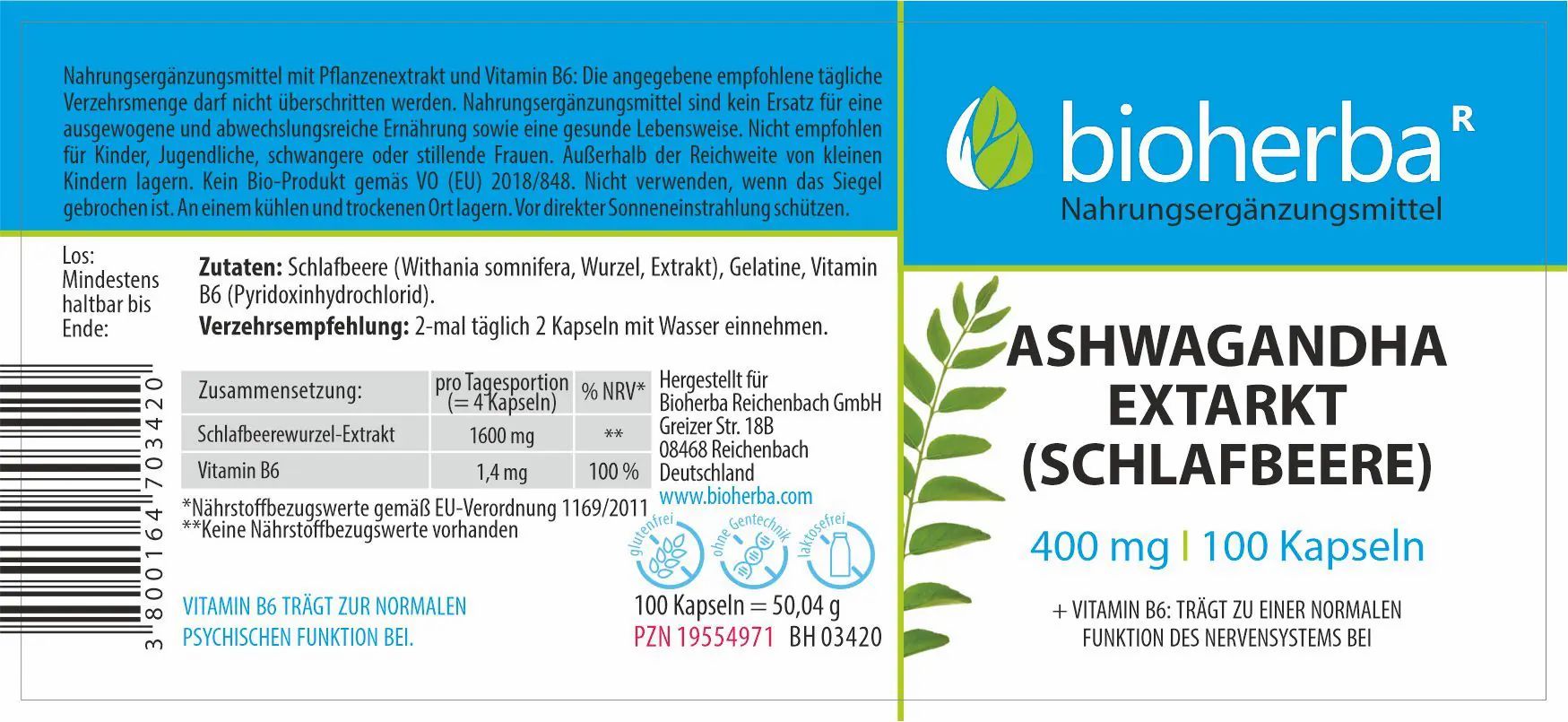 Weißes Etikett mit blauem Streifen und grünem Logo. Text: Ashwagandha Extrakt, 400 mg, 100 Kapseln. Zutatenliste und Verzehrempfehlung.