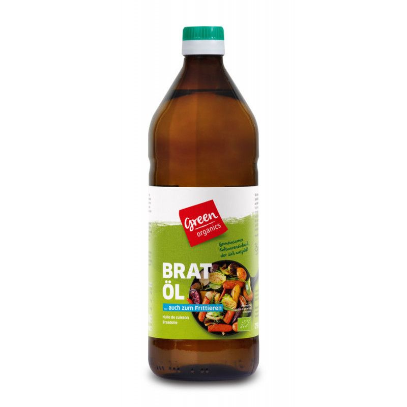 Braune Glasflasche mit grünem Deckel. Aufkleber mit "Green organics" und "Bratöl". Abbildung von Gemüse.