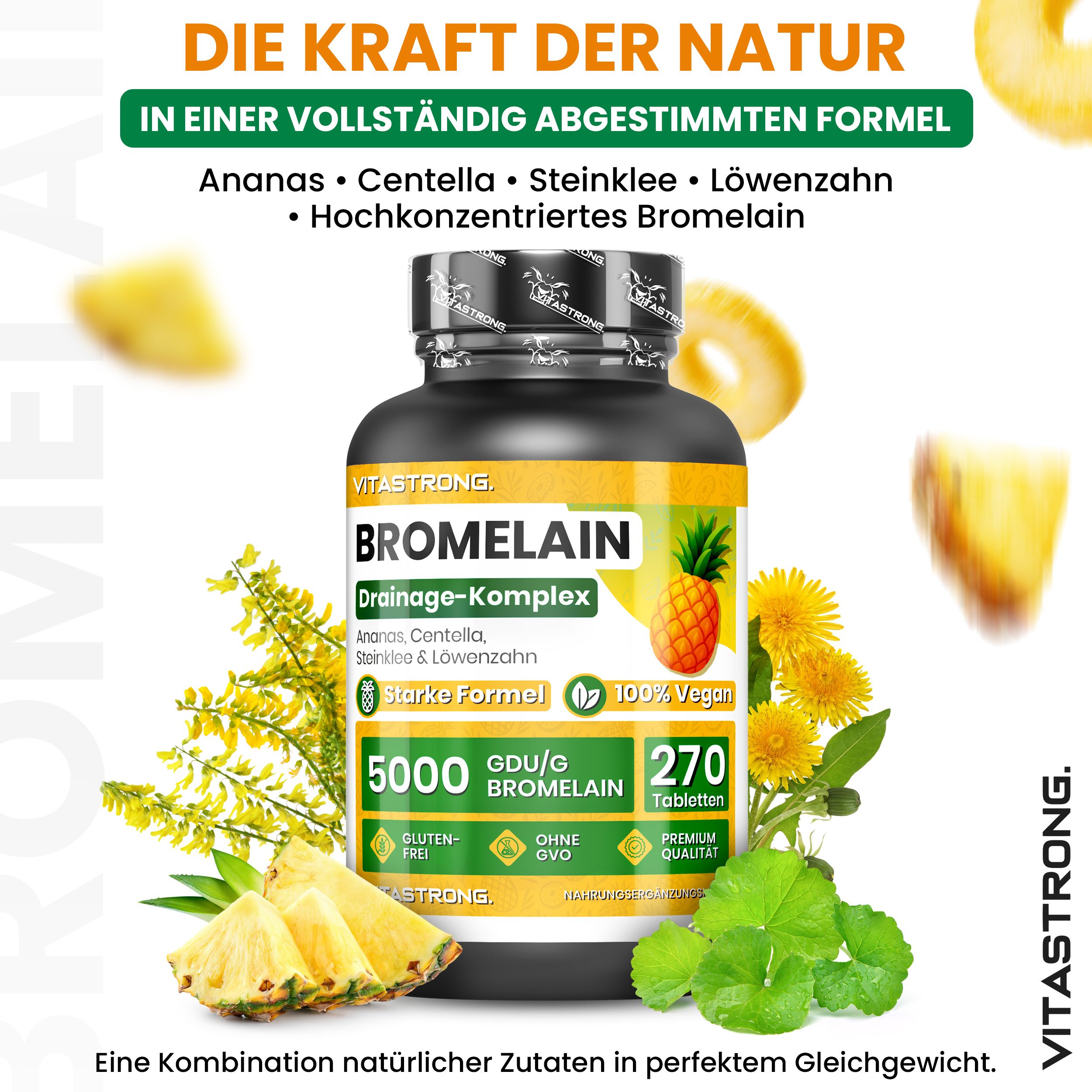Schwarze Flasche mit "Bromelain Drainage-Komplex" Etikett, 5000 GDU/g Bromelain, 270 Tabletten. Ananas, Centella, Steinklee, Löwenzahn abgebildet.