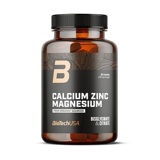 Braune Flasche mit schwarzem Deckel. Aufschrift: Calcium Zinc Magnesium, BiotechUSA. Enthält 90 Tabletten.