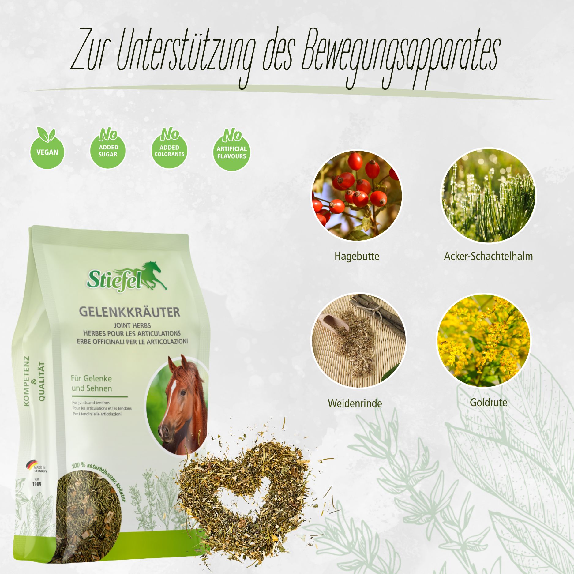 Beutel Stiefel Gelenkkräuter, Kräutermischung für Gelenke und Sehnen. Abbildung von Hagebutte, Ackerschachtelhalm, Weidenrinde und Goldrute.