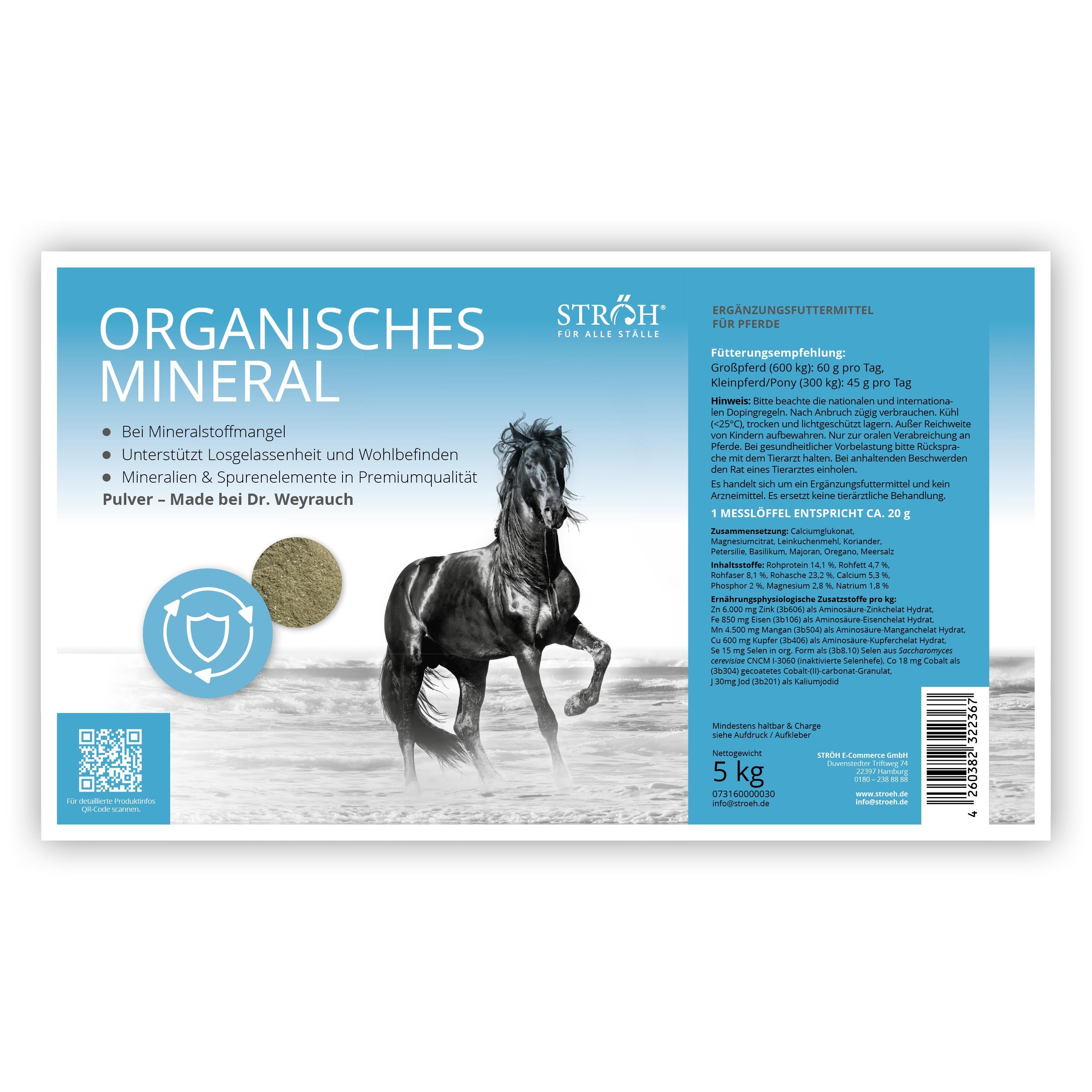 Blau-weißes Etikett mit Produktname und Pferd. Text: Organisches Mineral. 5 kg Packung. QR-Code und Logo.