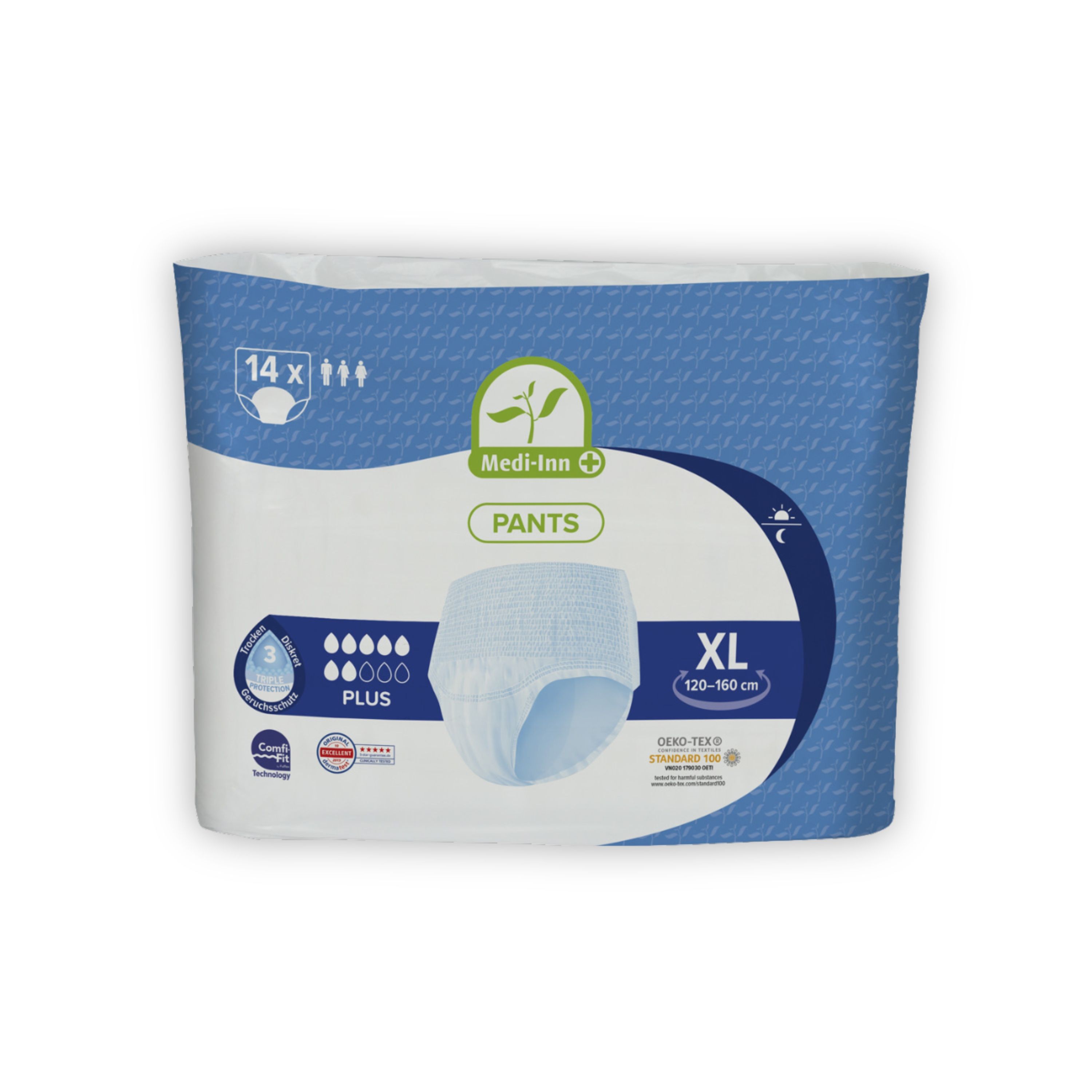 Verpackung Medi-Inn Pants PLUS, XL, 120-160 cm. Blaue und weiße Verpackung mit Produktabbildung und Logo. 14 Stück.