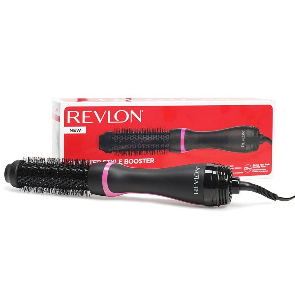 Warmluftbürste mit Verpackung. Schwarzer Griff, pinkfarbene Akzente. Aufdruck 'REVLON'.