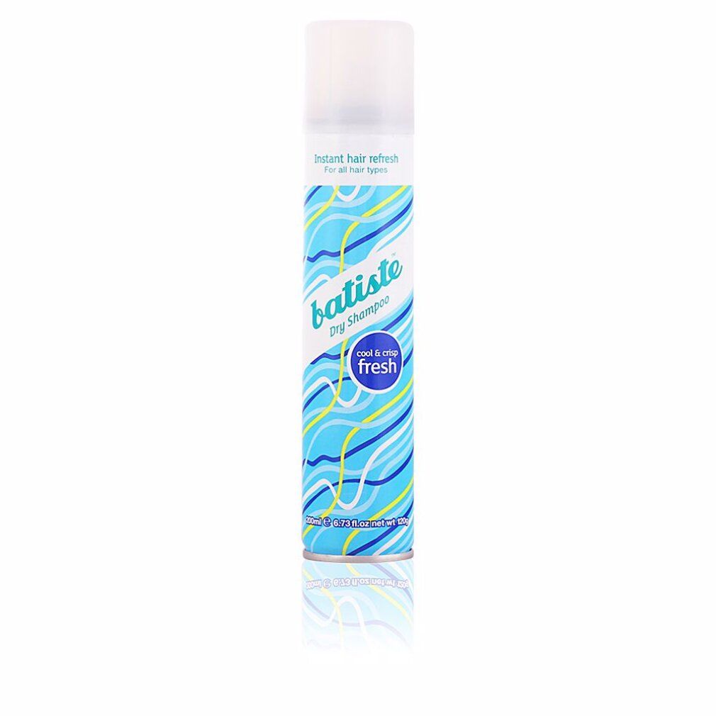 Batiste Trockenshampoo-Spray, blau-weißes Design, Schriftzug 'cool & crisp fresh'.
