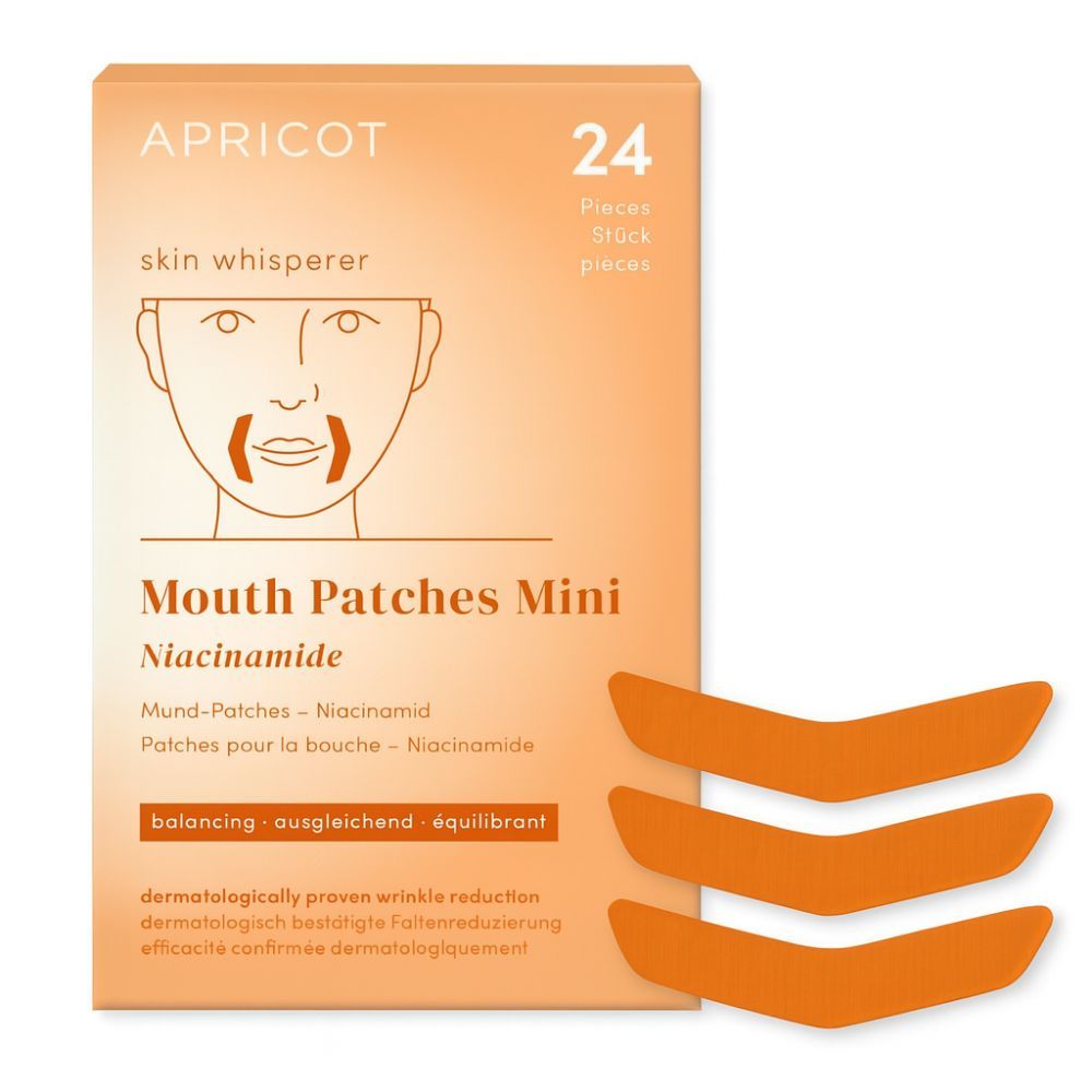 Orangefarbene Mund-Patches und Verpackung. Aufschrift: APRICOT, Mouth Patches Mini, Niacinamid. 24 Stück.