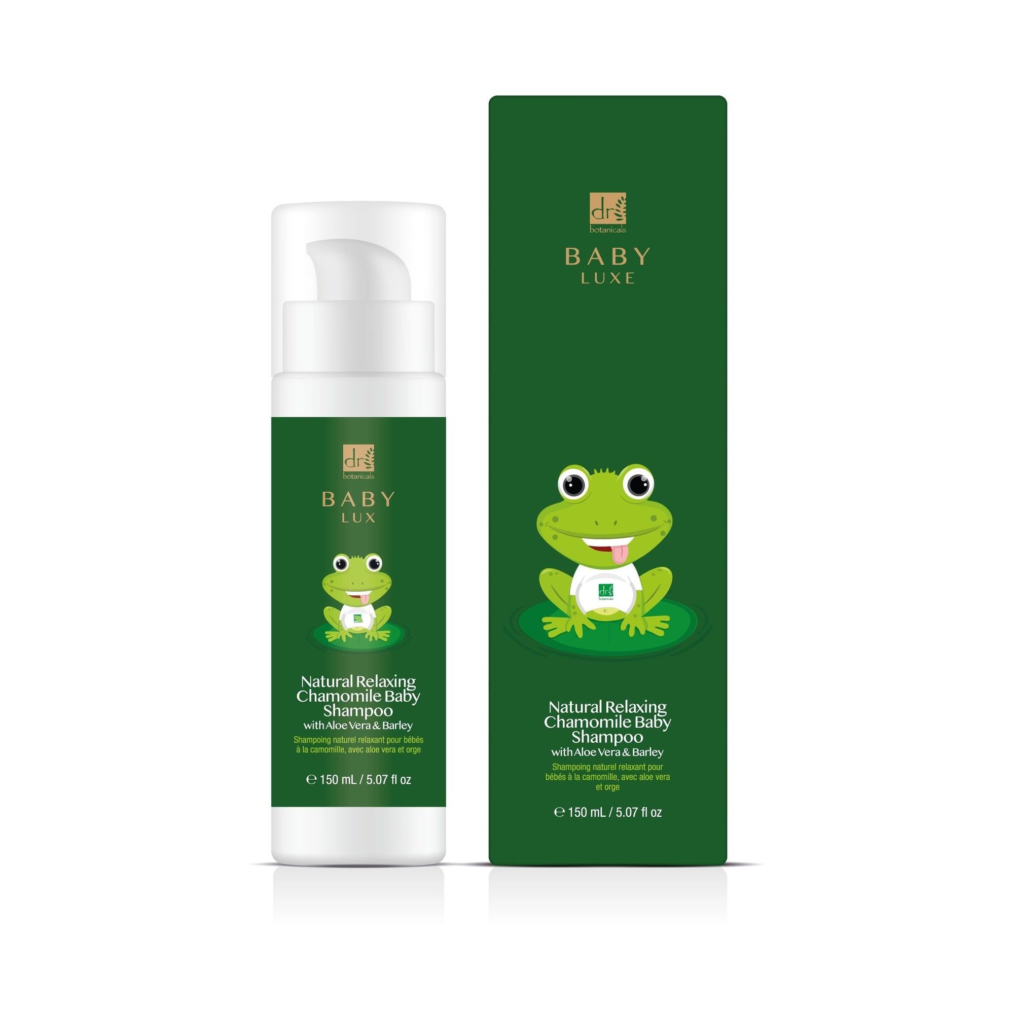 Weiße Flasche Baby Shampoo mit grüner Verpackung. Frosch-Illustration auf der Verpackung.
