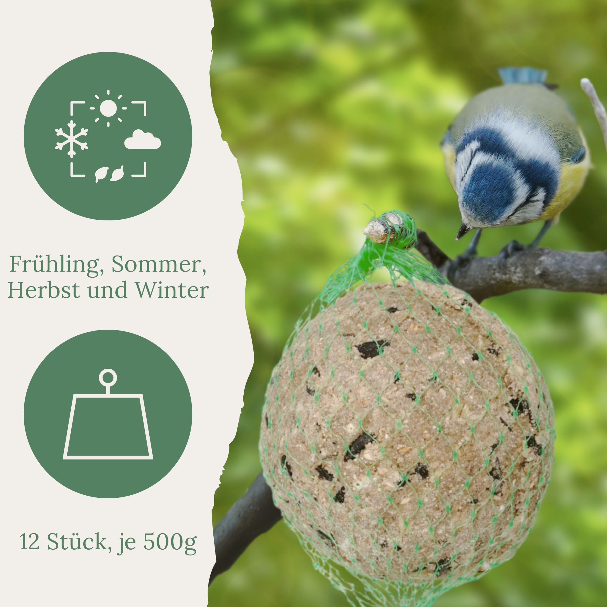 Meisenknödel am Ast. Text: Frühling, Sommer, Herbst und Winter. 12 Stück, je 500g.