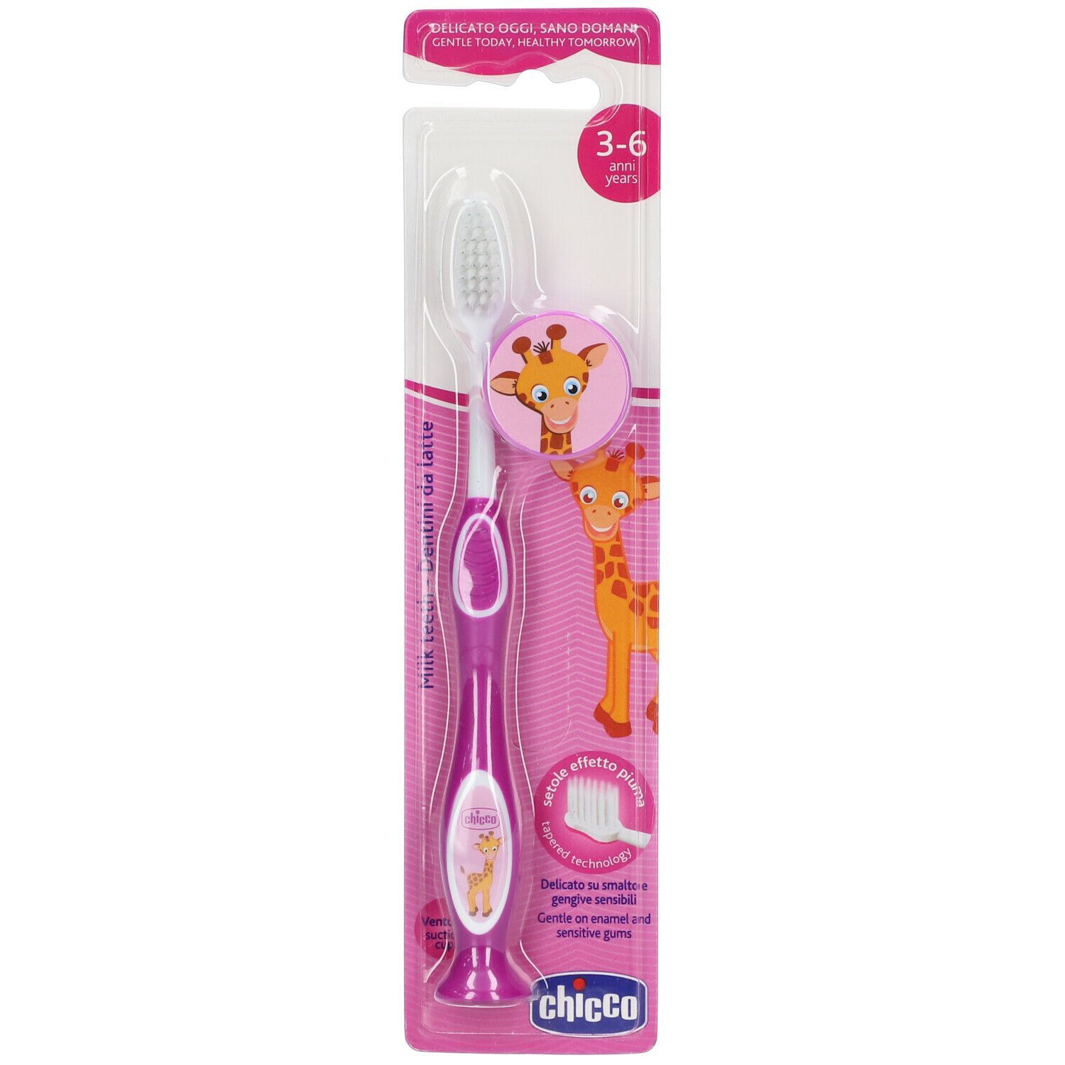 Spazzolino rosa per bambini, confezione con motivo giraffa e informazioni sul prodotto. Marchio Chicco.