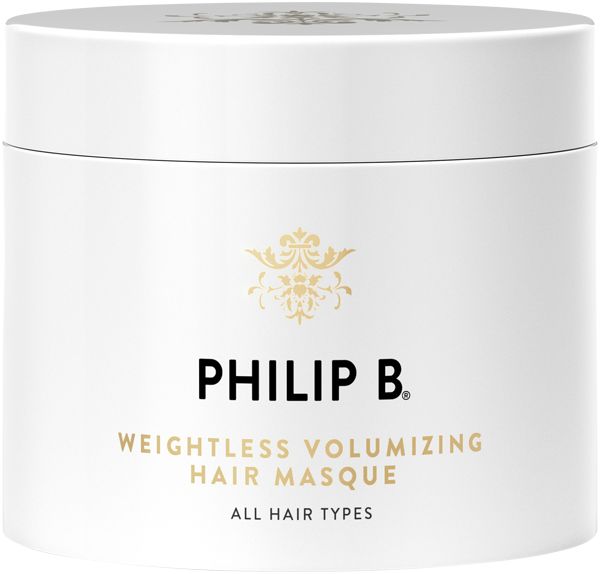 Weißer Tiegel mit goldfarbenem Dekor und Schriftzug PHILIP B. WEIGHTLESS VOLUMIZING HAIR MASQUE. Für alle Haartypen.