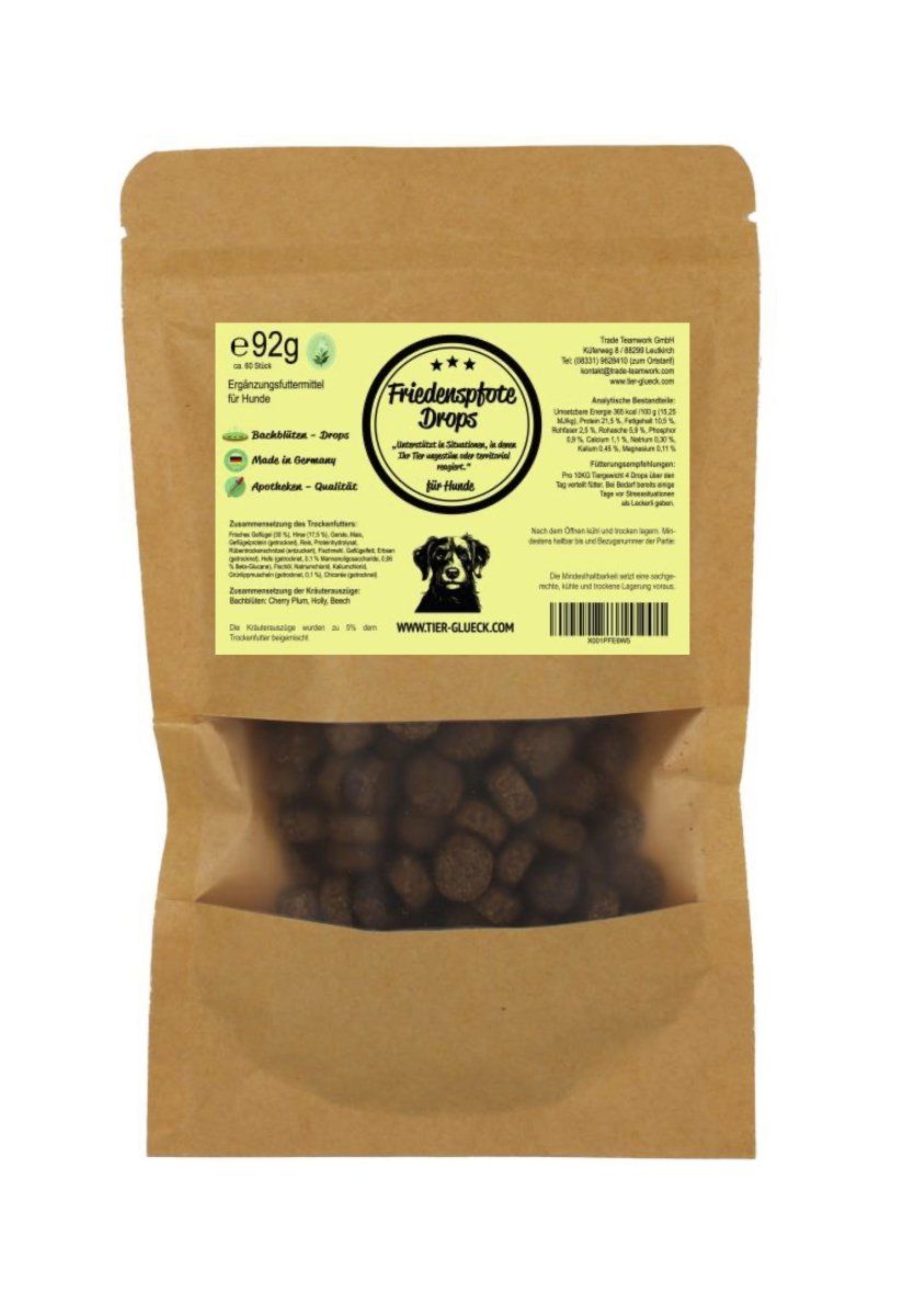 TierGlück Friedenspfote Drops mit Bachblüten für Hunde 92 g Futter