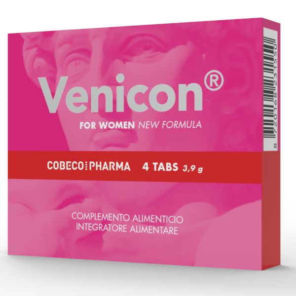 Rosa Schachtel mit "Venicon"-Schriftzug. Enthält 4 Tabletten. Aufschrift: "FOR WOMEN NEW FORMULA" und "COBECO PHARMA".