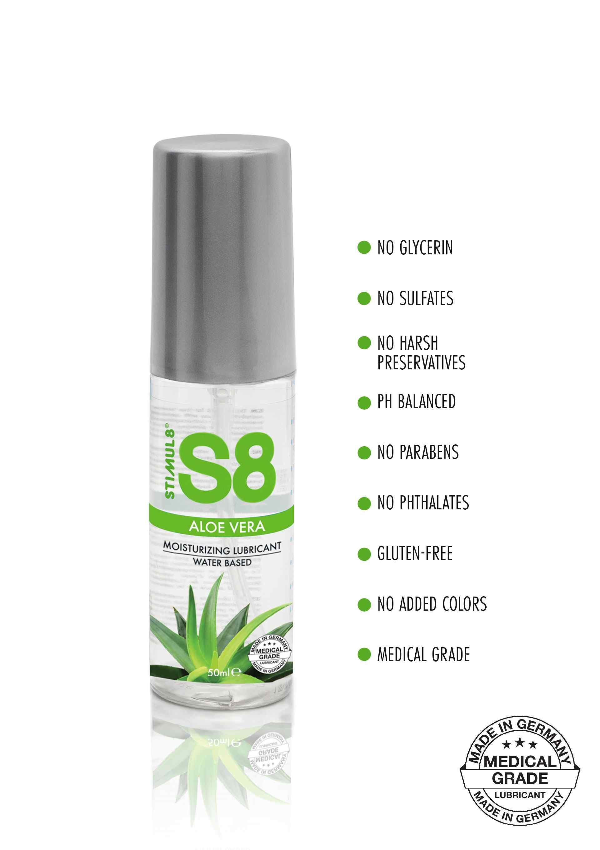 Stimul8 S8 Aloe Vera Gleitgel, 50ml. Wasserbasiertes Gleitmittel, medizinische Qualität, frei von Glycerin, Sulfaten, Parabenen.