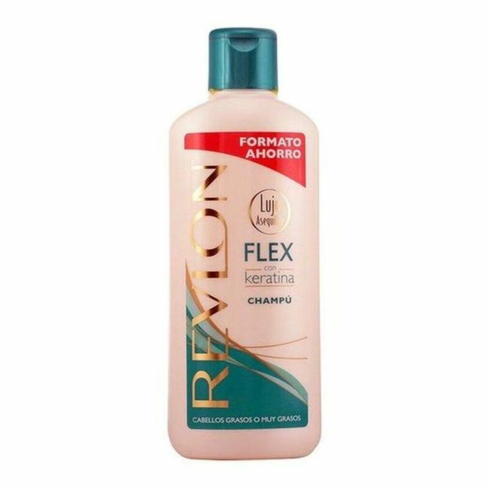 Rosa Shampoo-Flasche mit grünem Deckel. Aufschrift: Revlon Flex Keratina Champú. Für fettiges oder sehr fettiges Haar. Sparformat.