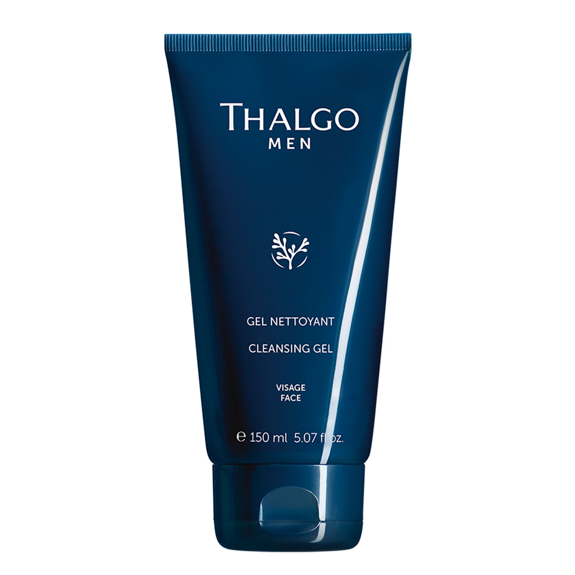 Dunkelblaue Tube mit weißem Schriftzug THALGO MEN. Enthält Reinigungs-Gel. 150 ml.