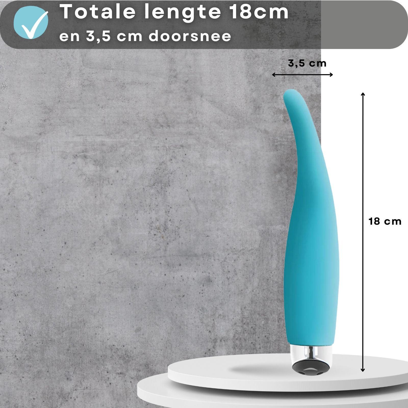 Blauwe vibrator. Tekst: 18cm lang, 3,5cm doorsnee. Afmetingen getoond.