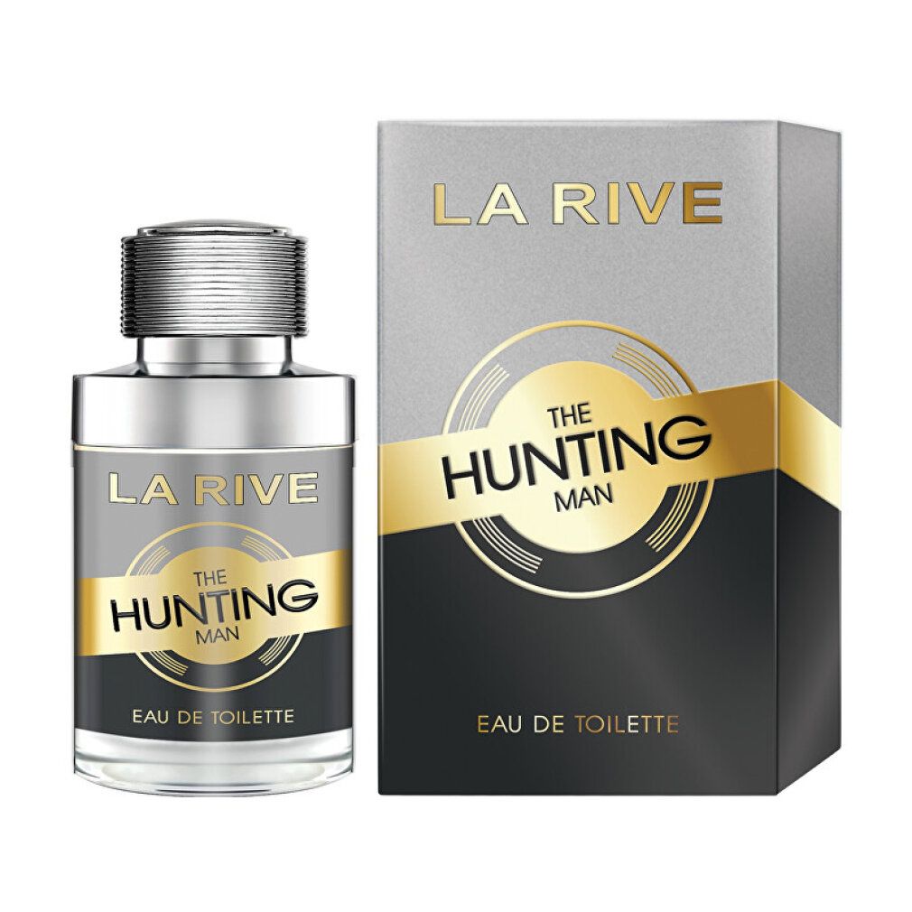 Flakon und Verpackung. Aufschrift: LA RIVE, THE HUNTING MAN, Eau de Toilette. Silberne, goldene und schwarze Elemente.