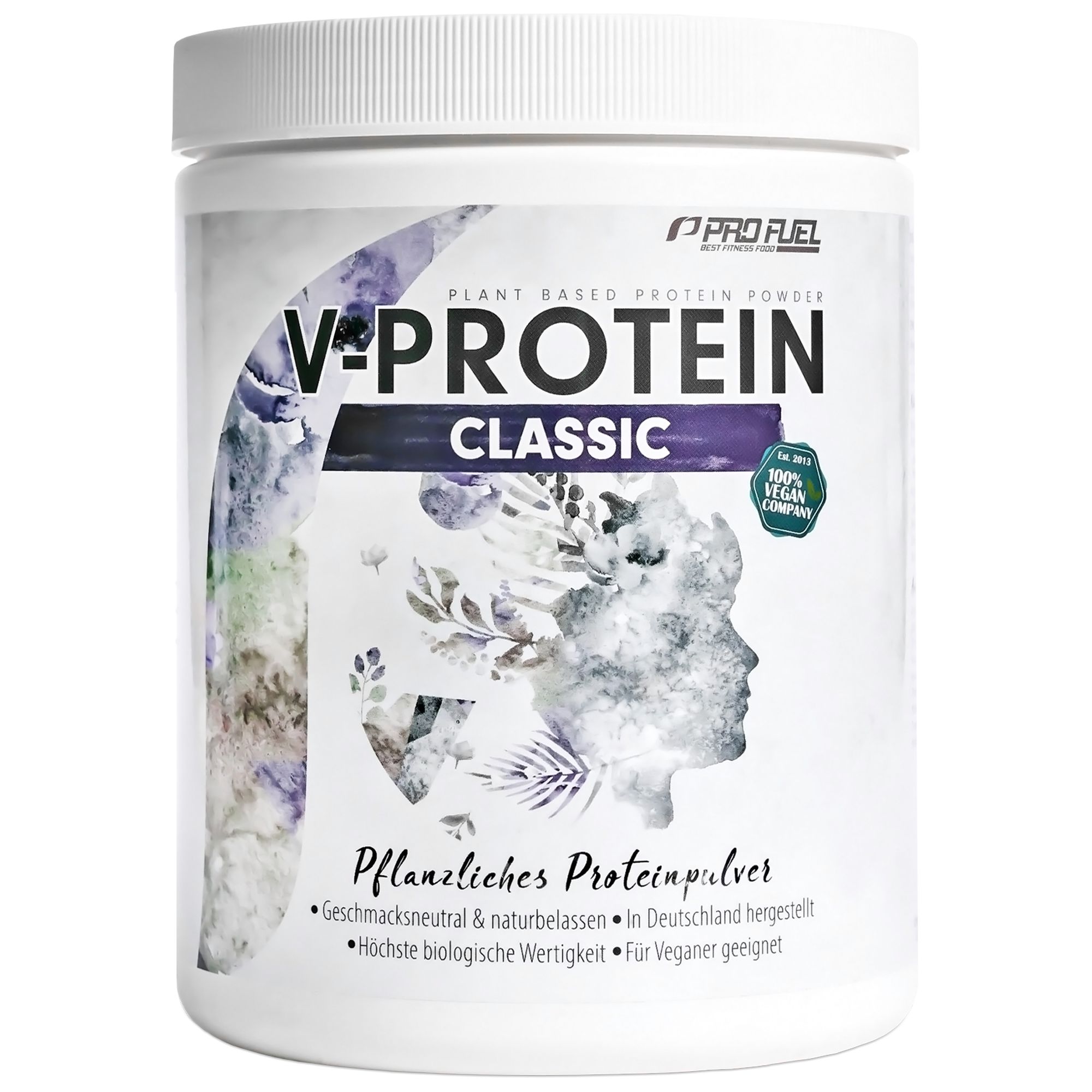 Weiße Dose mit "V-PROTEIN Classic"-Aufdruck. Pflanzliches Protein, vegan. Mit floralem Design und dem Logo.