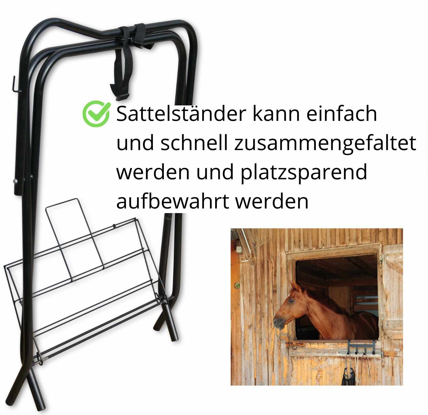 Schwarzer, zusammengefalteter Sattelhalter. Mit Text: Sattelständer kann einfach und schnell zusammengefaltet werden.