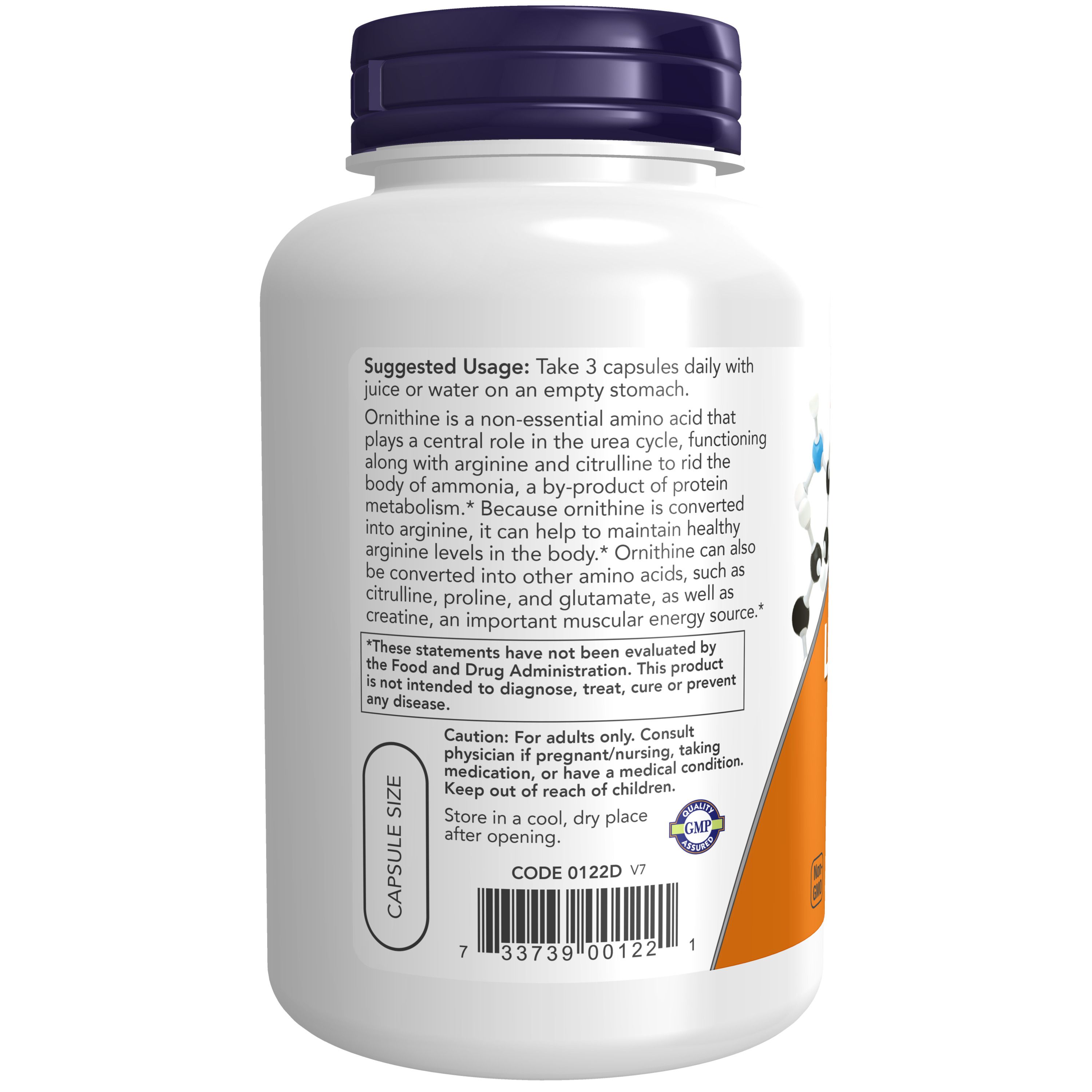 Flasche mit L-Ornithin-Kapseln. Enthält 1,500 mg L-Ornithin pro Portion. Hergestellt von NOW FOODS.