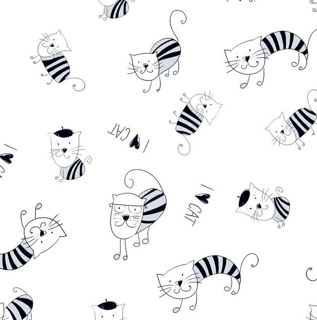 Weißes Tuch mit Katzenmuster. Schwarze und graue Katzen-Illustrationen mit Text "I love cat".