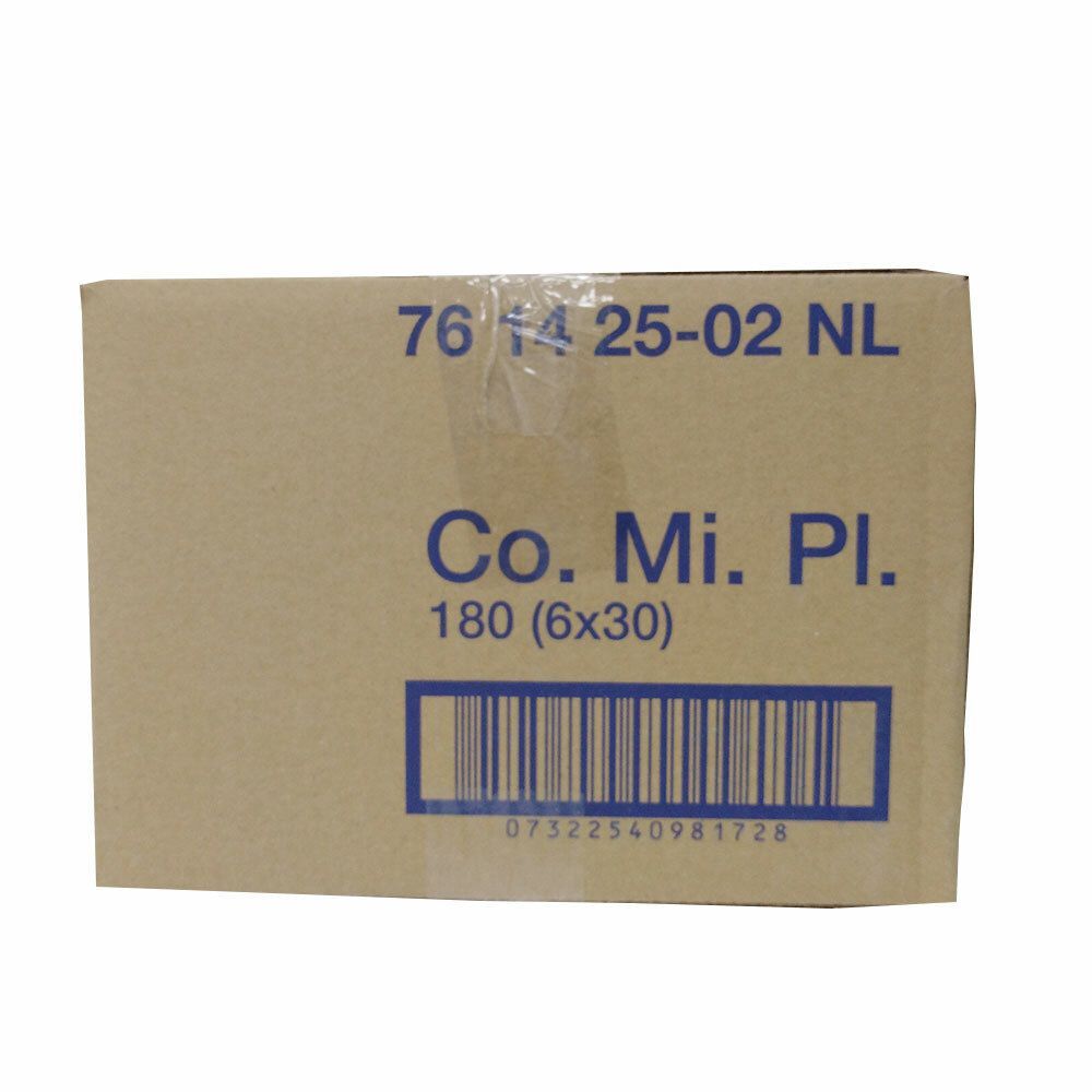 Kartonverpackung mit blauen Markierungen und Barcode.