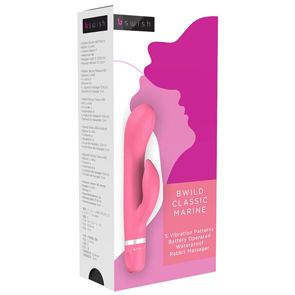 Verpackung mit pinkfarbenem Vibrator. Text: B Swish, B Wild Classic Marine, 5 Vibrationsmuster, batteriebetrieben, wasserdicht, Rabbit Massager.