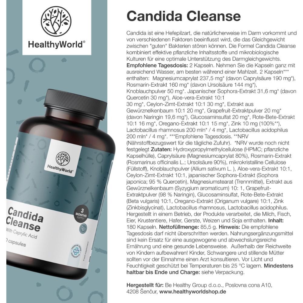 Braune Flasche mit schwarzen Deckel. Aufschrift: Candida Cleanse. Enthält 180 Kapseln. Weiße Kapseln liegen daneben.