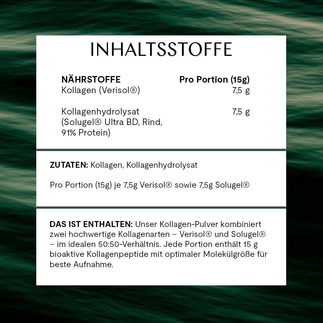Infografik mit Nährwertangaben. Enthält Kollagen (Verisol®) und Kollagenhydrolysat (Solugel®). Pro Portion: 7,5 g.