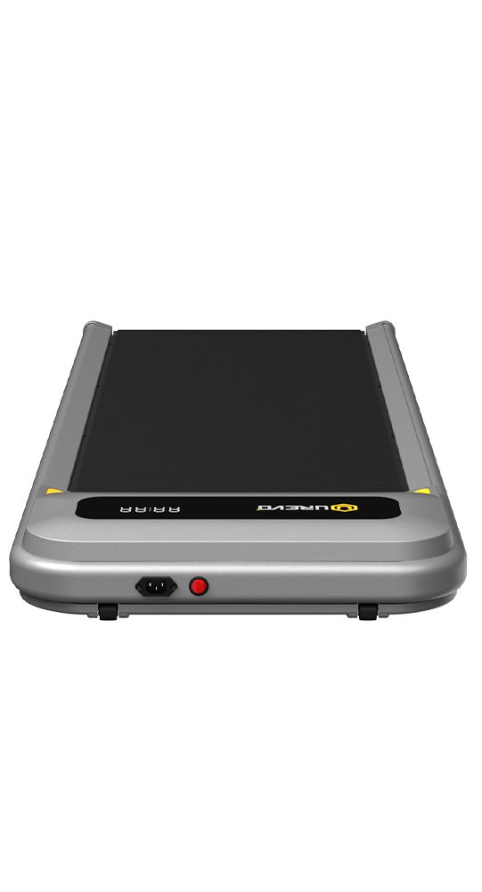 Graue Urevo Strol U1. Schwarze Lauffläche, grauer Rahmen. Roter Ein-/Ausschalter. Urevo-Logo. Stromanschluss.