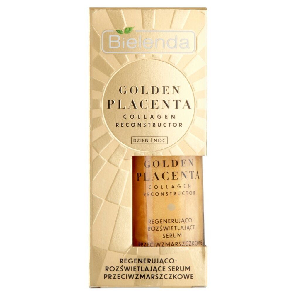 Goldfarbene Verpackung mit Produkt. Aufschrift: Golden Placenta Collagen Reconstructor. Serum-Fläschchen sichtbar.