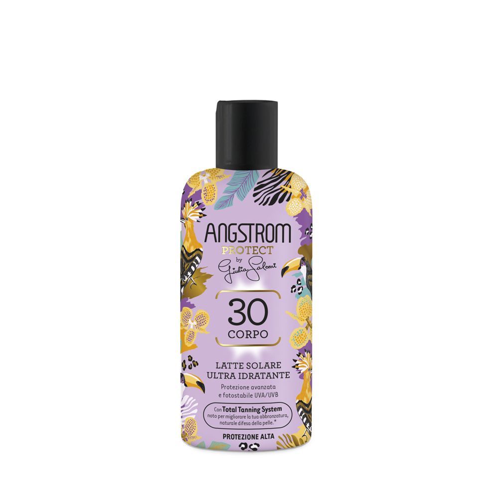 Flacone Angstrom Protect SPF 30, motivo floreale. Tappo nero, sfondo viola, testo.