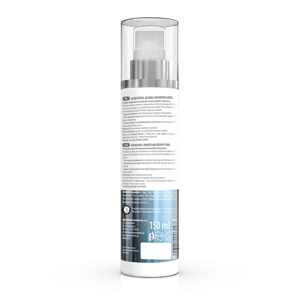 Rückseite der Gesichtsspray-Flasche. Beschriftung: APIS IDEAL BALANCE BY DEYNN. Enthält Informationen und Inhaltsstoffe.