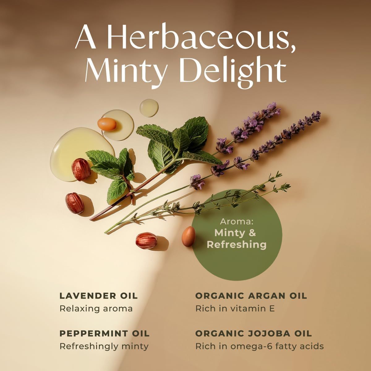 Zutaten: Lavendelöl, Pfefferminzöl, Bio-Arganöl, Bio-Jojobaöl. Text: Ein krautiger, minziger Genuss. Aroma: Minzig & erfrischend.
