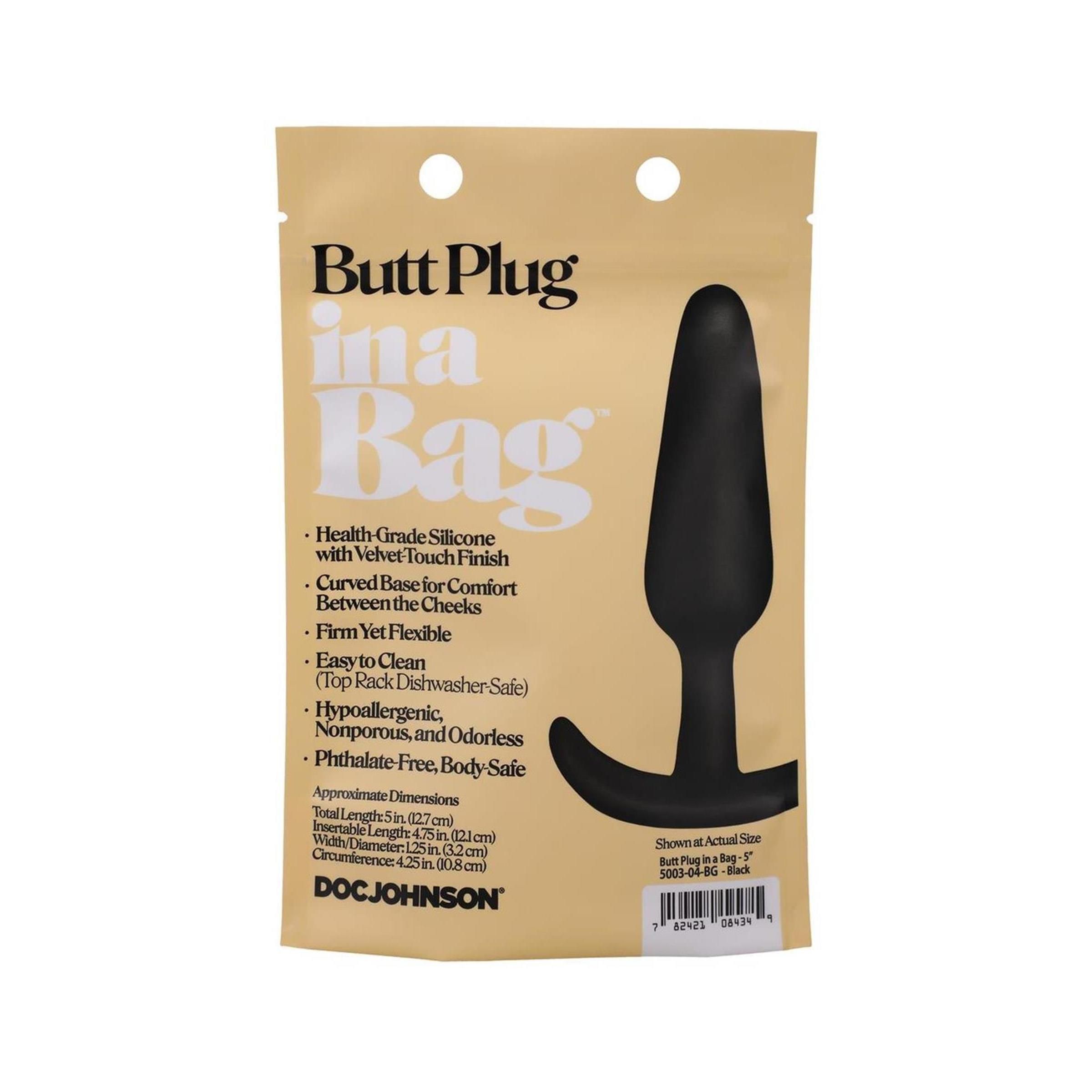 Schwarzer Analplug in Verpackung. Text: "Butt Plug in a Bag". Marke: DOC JOHNSON. Produktmerkmale und Maße sind angegeben.