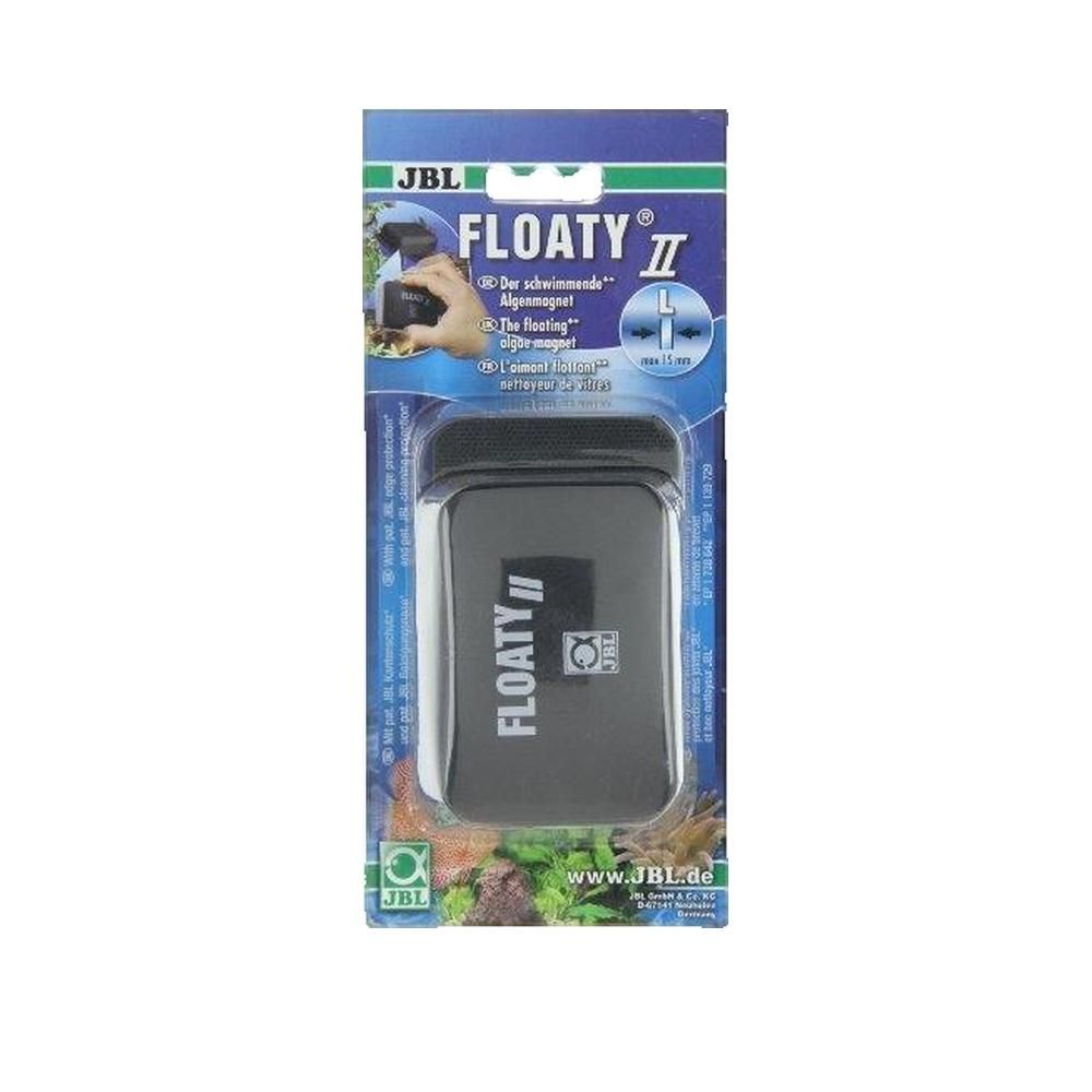 Schwarzer, rechteckiger Aquariumreiniger in Blisterverpackung. Aufschrift "FLOATY II" und "JBL".