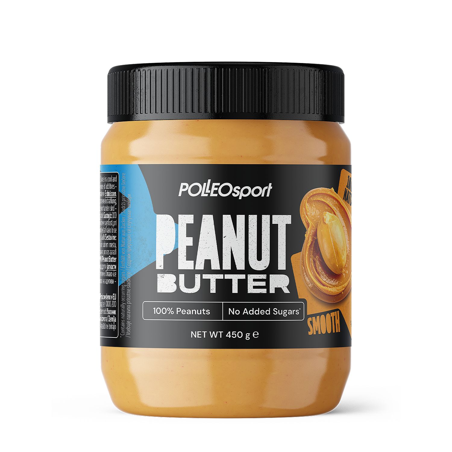 Erdnussbutter-Glas mit schwarzem Deckel. Aufschrift: Polleo Sport Peanut Butter, 100% Peanuts, No Added Sugars, Smooth.