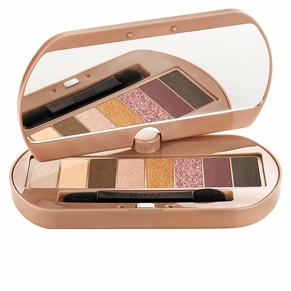 Lidschatten-Palette mit Spiegel und Applikator. Acht Farbtöne in Nude-Tönen. Geöffnet, mit Deckel und Spiegel.