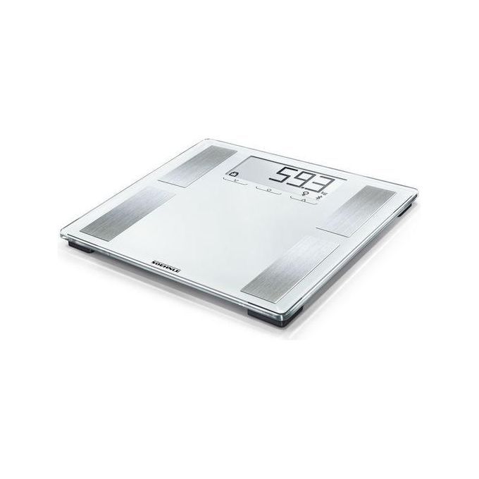 Bilancia elettronica rettangolare argento. Display digitale. Superfici in acciaio inox per i piedi. Mostra il peso.