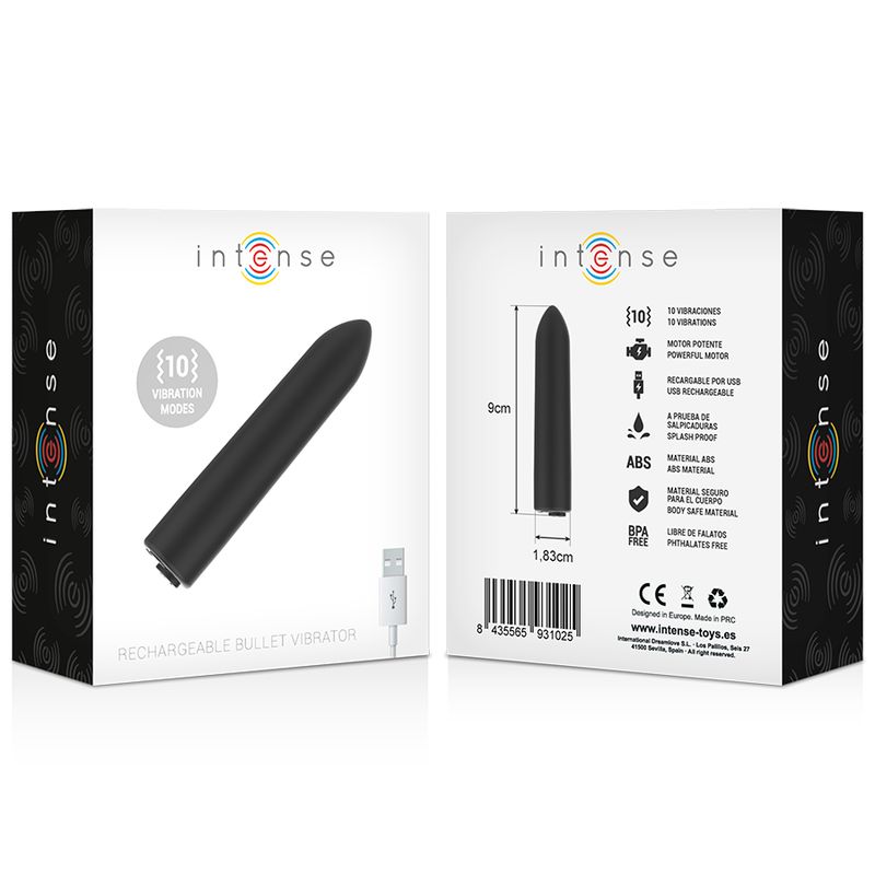 Verpackung mit schwarzem Vibrator. Produktname: Intense. Enthält USB-Kabel. Aufdruck mit Produktinformationen.