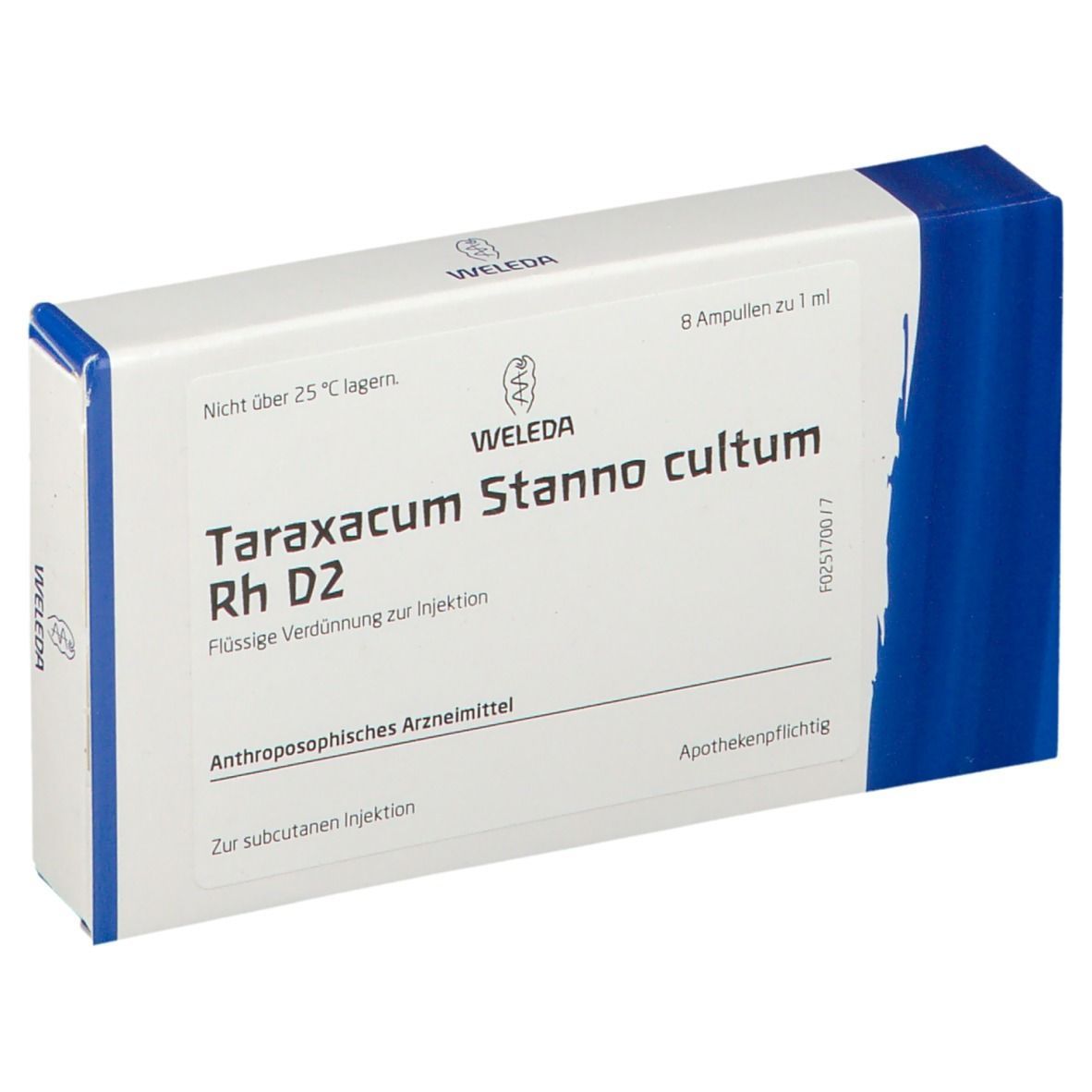 Weleda-Verpackung mit Taraxacum Stanno cultum Rh D2. Enthält 8 Ampullen. Blaue und weiße Schachtel mit Text.