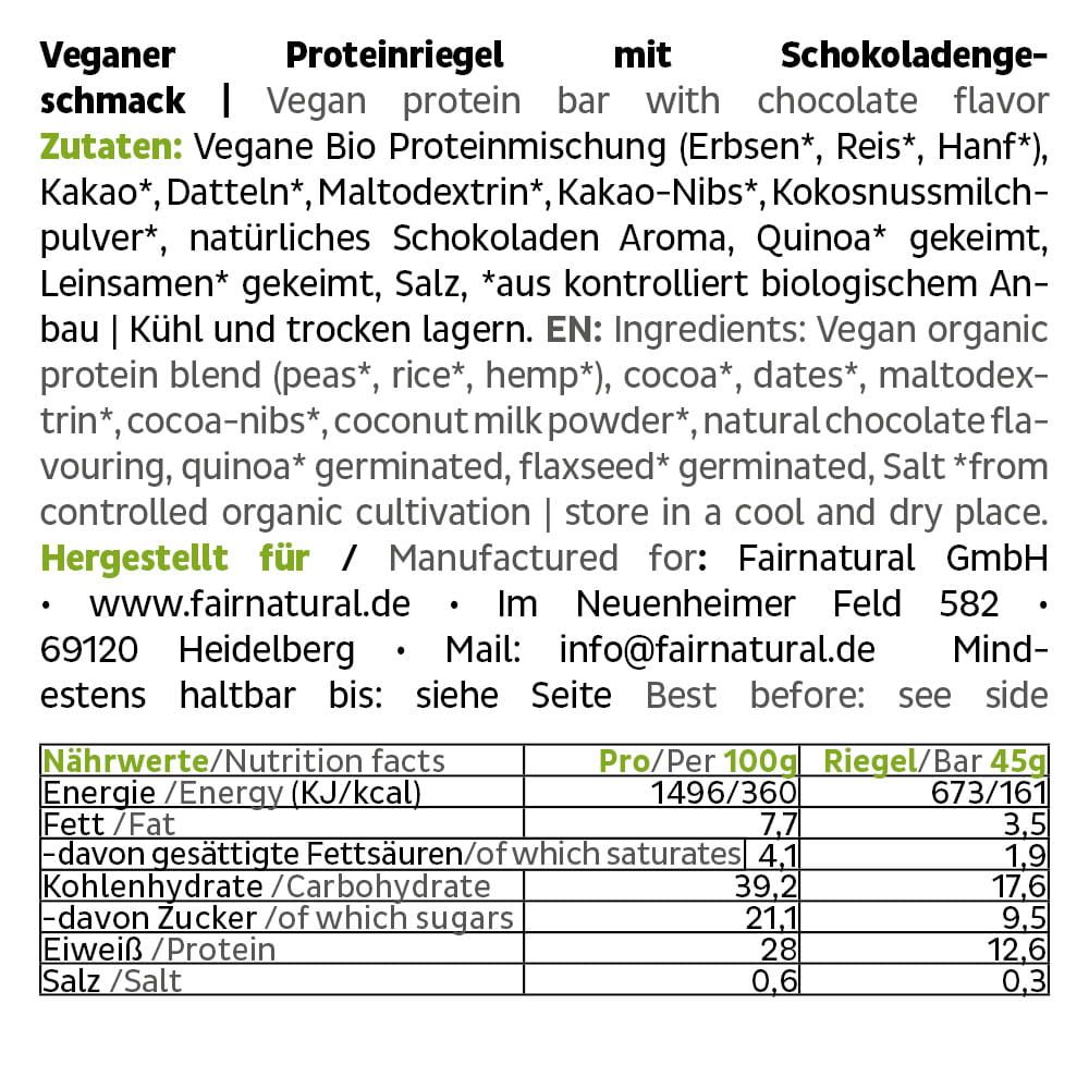Zutatenliste und Nährwertangaben für veganen Schokoladen-Proteinriegel.