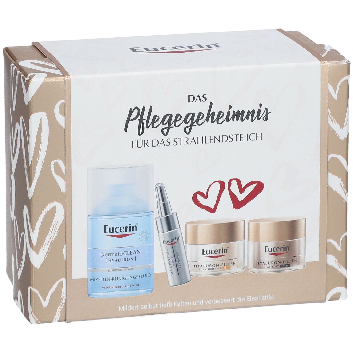 Geschenkset mit Produkten. Box mit weißer Front und goldfarbenen Seiten. Enthält Flasche, Serum und Cremes. Eucerin-Logo und Produktnamen.